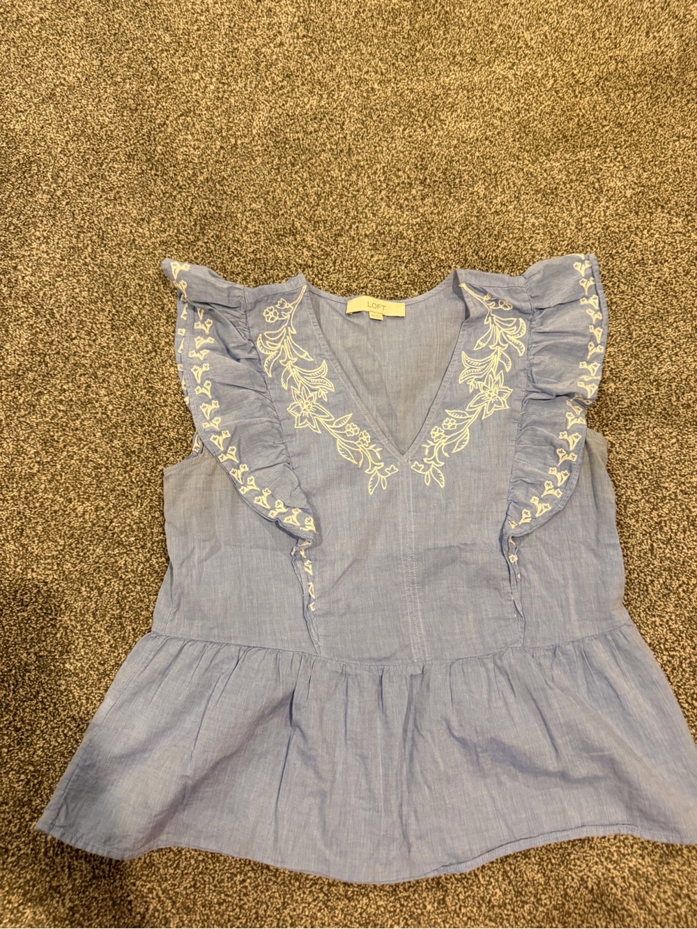 LOFT Light Blue Embroidered Ruffle Peplum made of 100% Cotton